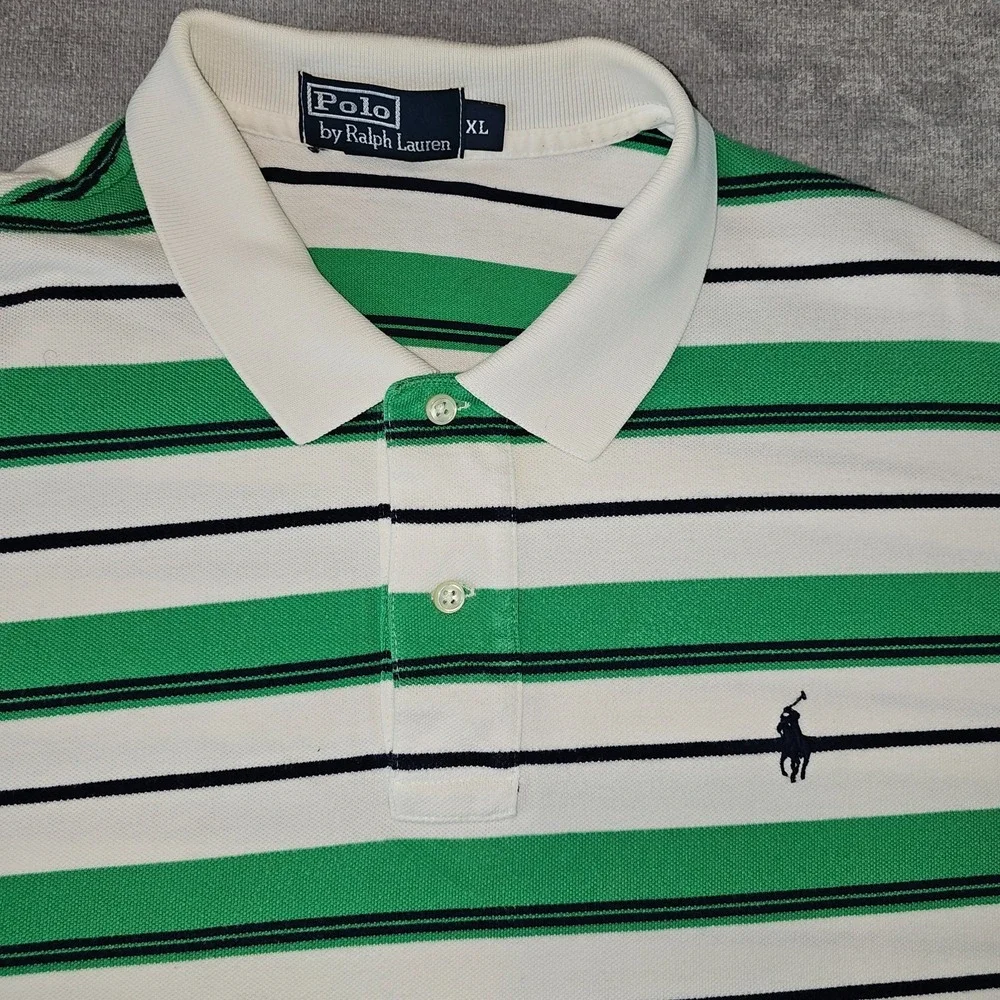 Polo by Ralph Lauren Shirt Men XL Green White Striped Rugby Short Sleeve Y2K
